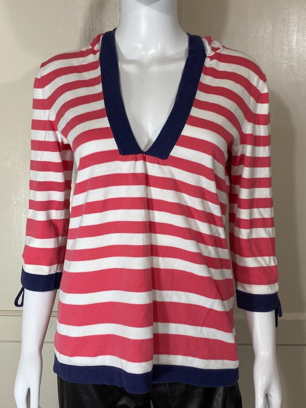 LILLY PULITZER Nautical Pink White Navy Stripe Hooded V-Neck Cotton Sweater M